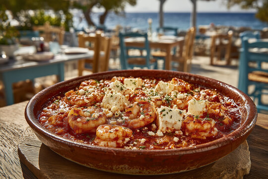 Mediterranean shrimp saganaki served at a seaside Greek tavern table