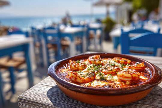 Mediterranean shrimp saganaki served at a seaside Greek tavern table