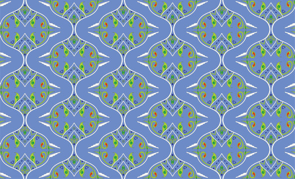 Seamless damask geometric vector pattern. Blue and purple abstract floral ogee ornament. Elegant symmetrical motif background for luxury textile, fabric, wallpaper, or branding design