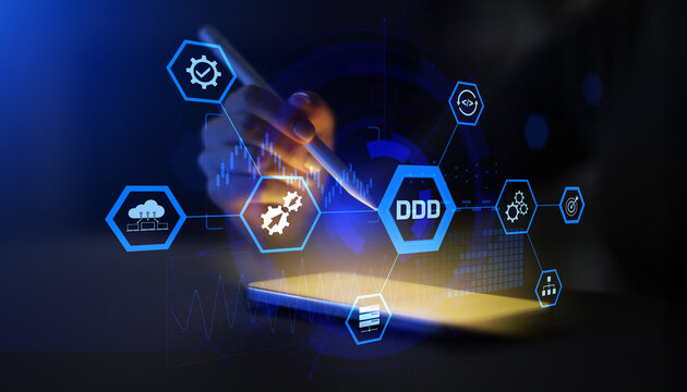 DDD Domain Driven Design Software Architecture and System Development Illustrated in a Digital Technology Interface.