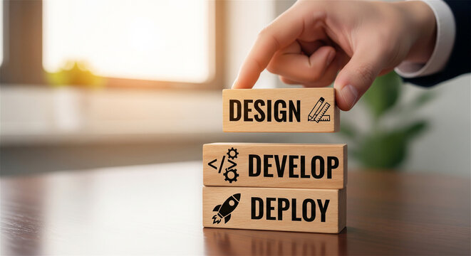 Software development lifecycle concept with wooden blocks, design develop deploy process, hand stacking wood cubes for tech project management