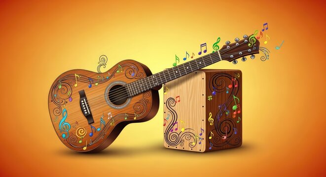 Vibrant illustration of a wooden acoustic guitar and a percussion box drum featuring musical notes and artistic swirls on a warm background, resonance, traditional, wood
