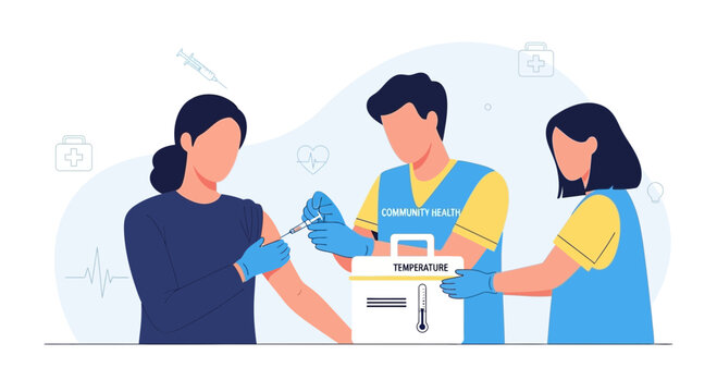 Community Health Worker Administering Vaccine to Woman, Modern Healthcare Illustration