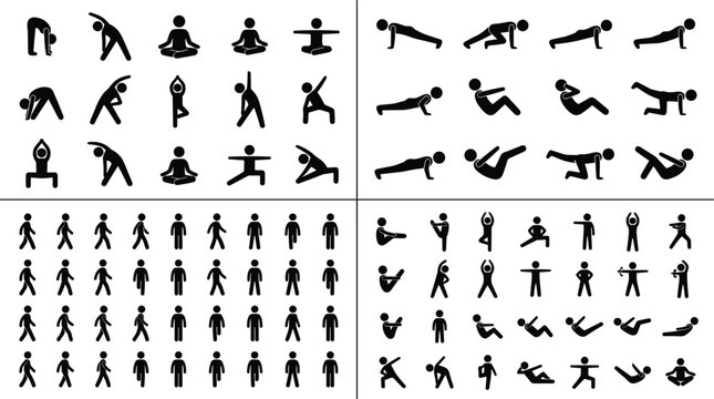 Collection of fitness yoga exercise and human activity silhouettes featuring workout poses walking icons and stretching figures set