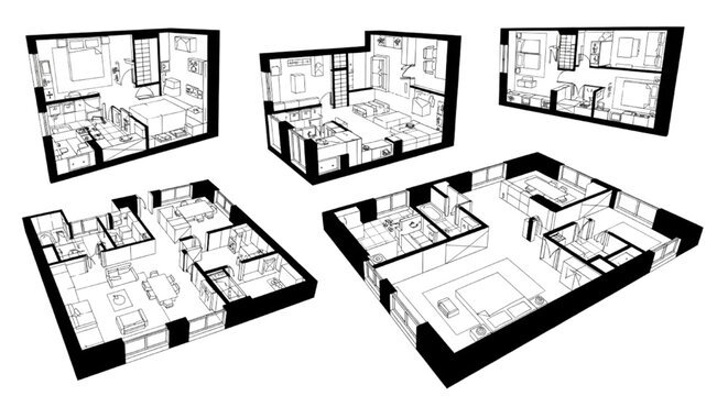 3D isometric apartment floor plan vector illustrations for real estate layout and interior design