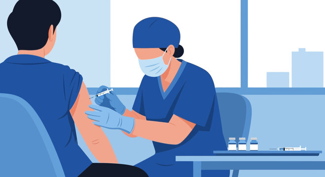 Medical professional giving vaccine shot to patient, immunization concept