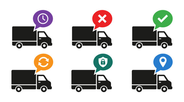 Fleet of delivery vehicle symbols with colorful communication bubbles representing various shipping stages.