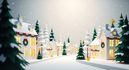 Fototapeta premium A beautiful handcrafted paper cut scene of a snowy village street featuring tiny white cottages, evergreen trees, and festive decorations, decor, traditional, winter landscape