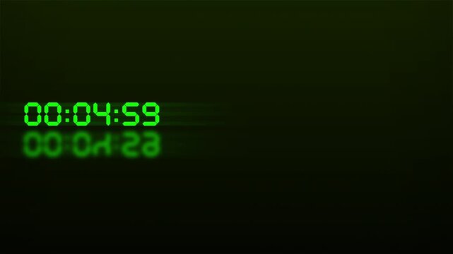 Futuristic Digital Timer Glitch Effect with Green Neon Numbers and Reflection on Dark Background 4K Video Animation