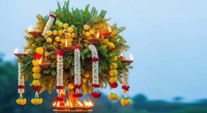A beautiful Indian gooseberry tree adorned with glowing oil lamps and fresh flower garlands celebrating a traditional harvest festival, sacred, evening, offering