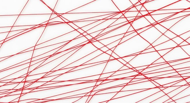 A detailed composition of vibrant red thread forming an intricate and complex web of intersecting lines across a clean white background, weaving, red, element