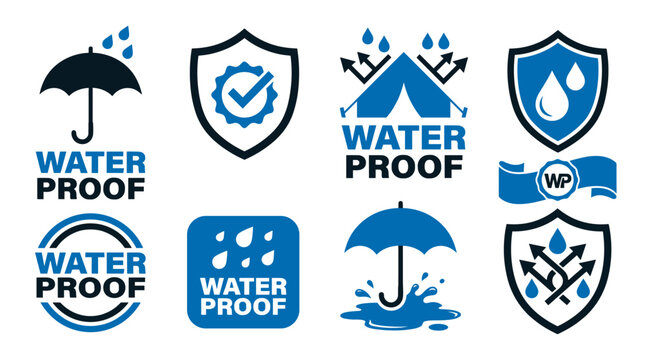 Group of blue waterproof icons including umbrellas tents shields water drops seal.