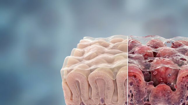 Healthy gut inflamed vs intestine comparison medical anatomy biology digestive tissue mucosa villi epithelial microscopic closeup science health disease infection inflammation red swollen damaged