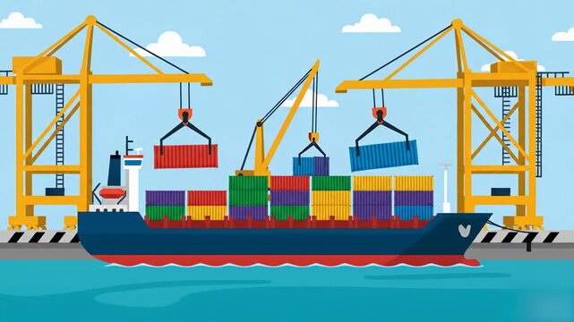 A flat vector animation showing harbor terminal cranes lifting colorful shipping containers onto a freight vessel at the docks during the day. Ideal graphic asset for global trade network, marine deli