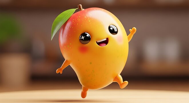 Cute Happy Mango Character Jumping in Cozy Background 3D Cartoon Fruit Mascot Illustration for Kids Healthy Food Fun Tropical Animation Design