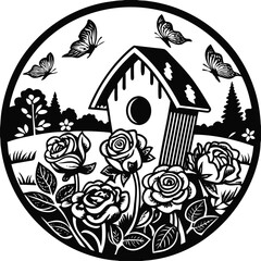 Black and white birdhouse, roses, butterflies vector illustration, garden scene, floral design element © ahosan