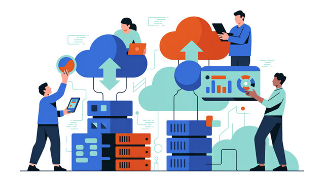 Team of diverse business professionals collaborating with modern technology and cloud icons