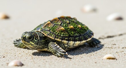 Obraz premium Cute Baby Turtle Crawling on Sandy Beach Close Up Wildlife Nature Photography with Detailed Shell Texture and Tropical Coastal Atmosphere
