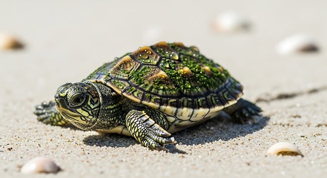 Cute Baby Turtle Crawling on Sandy Beach Close Up Wildlife Nature Photography with Detailed Shell Texture and Tropical Coastal Atmosphere