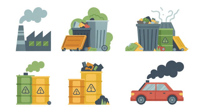 Set of colorful pollution and environmental damage icons with factory smoke and car exhaust