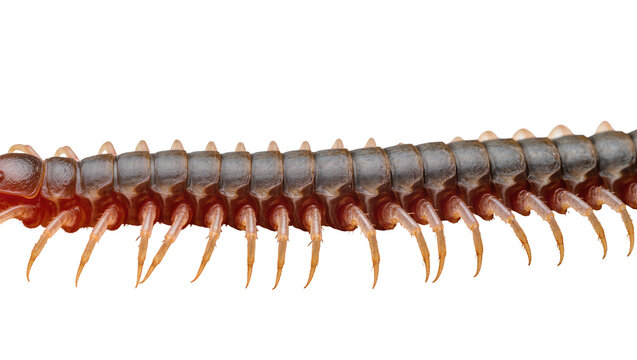 Isolated creepy crawling multi-legged brown centipede showing detailed segmented body structure.