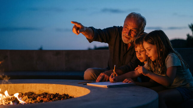 A multigenerational family gathers around a backyard fire pit at summer solstice dusk, grandchildren drawing constellations while a grandfat