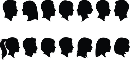 Male and female face profile silhouettes collection with human head side views isolated on gray background for identity concepts © Hello World