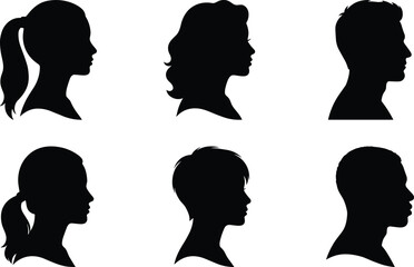 Male and female face profile silhouettes set with diverse human head side views isolated on gray background for identity concepts © Hello World