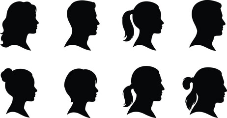 Male and female face profile silhouettes set with diverse human head side views isolated on gray background for identity concepts © Hello World