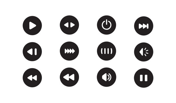 Multimedia control interface button set with black circular icons for digital player app.