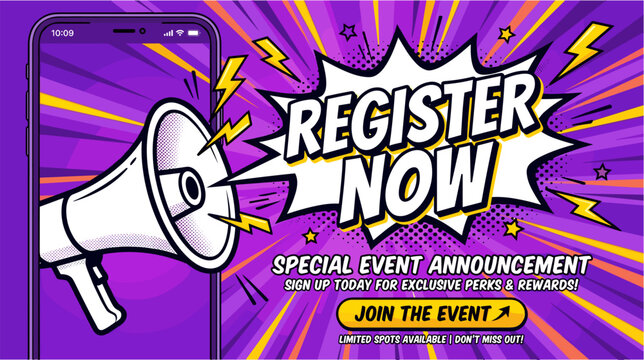 Modern smartphone interface displaying register now call to action on vibrant purple pop art comic background.