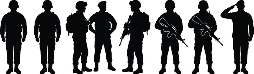 Naklejka premium Military soldier and armed forces silhouettes collection featuring tactical troops with rifles combat gear and salute poses isolated on white background