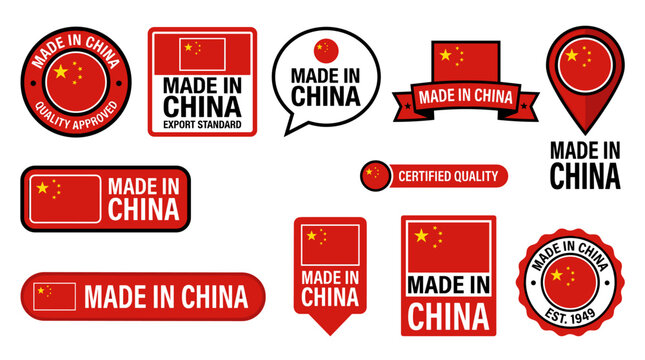 Multiple made in china labels and badges with chinese flag and text quality approved.