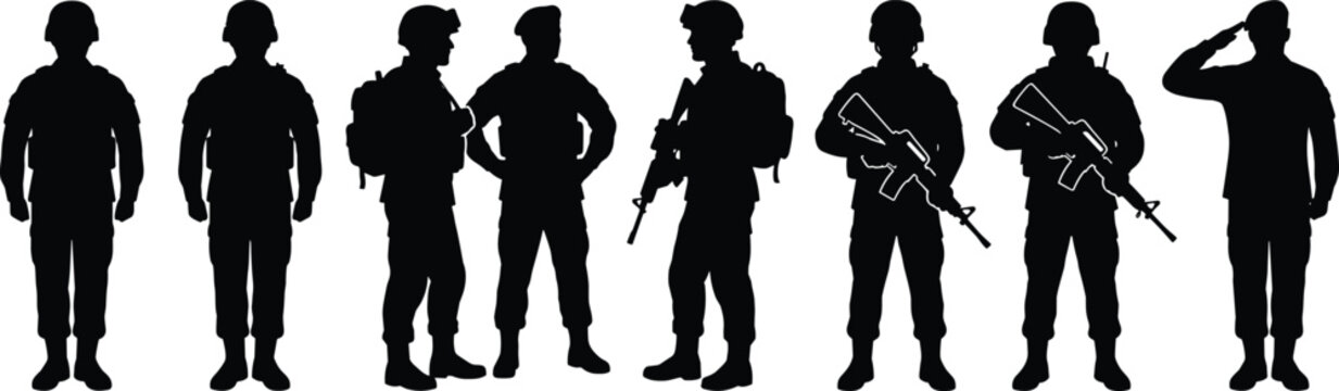 Military soldier and armed forces silhouettes collection featuring tactical troops with rifles combat gear and salute poses isolated on white background