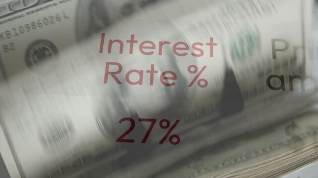 Motion blur of US dollar bills in a counter machine with red text overlay showing "Interest Rate % 43%".