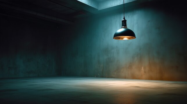 dramatic dark industrial room with one focused overhead light creating elegant moody atmosphere, realistic architectural textures and premium commercial photography composition, real photo, stock phot