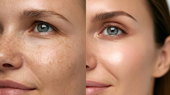 Woman showing a skin transformation. With one side of her face displaying freckles and an uneven texture. While the other side reveals smooth. Clear skin from a cosmetic treatment or skincare routine