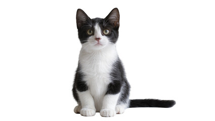 Isolated adorable black and white domestic kitten sitting, looking forward with bright eyes © Ciara