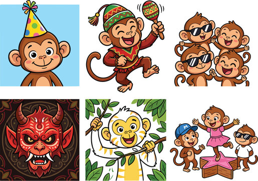 Playful Cartoon Monkey Characters and Colorful Animal Illustrations for Fun Party and Jungle Design Concepts