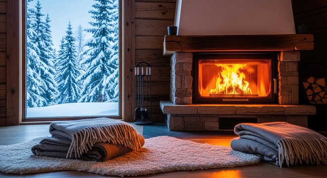 A warm glowing fireplace inside a rustic wooden cabin with soft blankets and a view of snow-covered pine trees through a large window, comfort, evening, rural