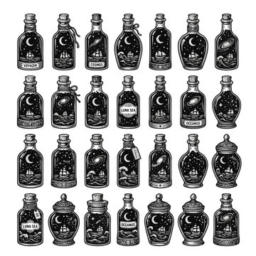Set of Celestial and Oceanic Themed Glass Bottles with Sailing Ships