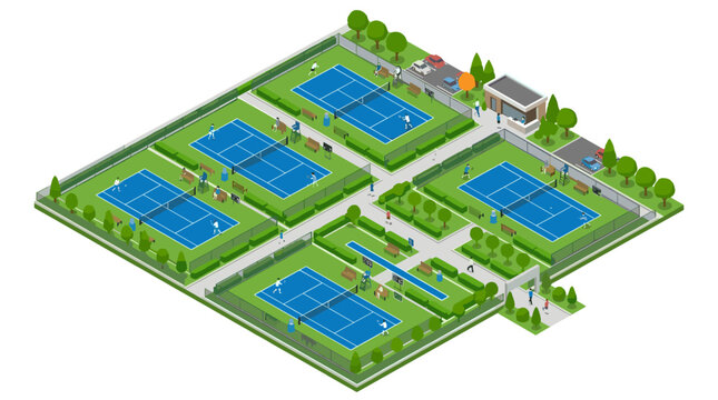 vector isometric tennis club complex with multiple courts trees and clubhouse