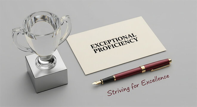 Exceptional Proficiency award concept, silver trophy with business card and fountain pen, striving for excellence corporate achievement