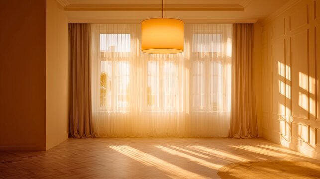 luxurious sunny living room with a single glowing ceiling lamp and large golden sunlight filled windows, realistic modern interior textures and premium editorial photography aesthetic, real photo, 