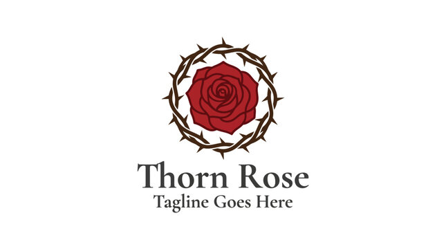 Red rose centered inside circular thorn wreath for floral beauty romance love luxury elegance botanical branding Logo Design