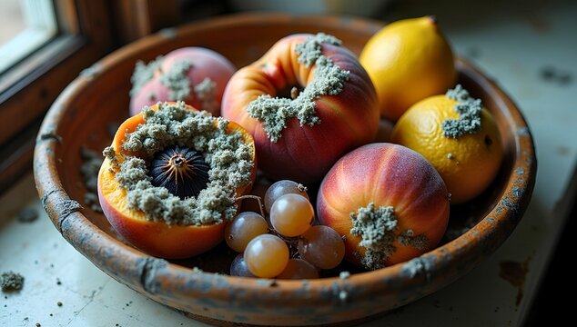 Close-up of fruit decay showing moldy peaches, lemons, grapes in rustic wooden bowl near window light