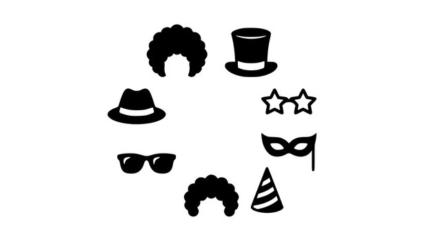 Modern party accessory silhouette icon collection with wigs hats and novelty glasses vector set