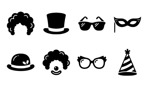 Black party silhouette icon set with wigs hats glasses and festive costume accessories vector collection