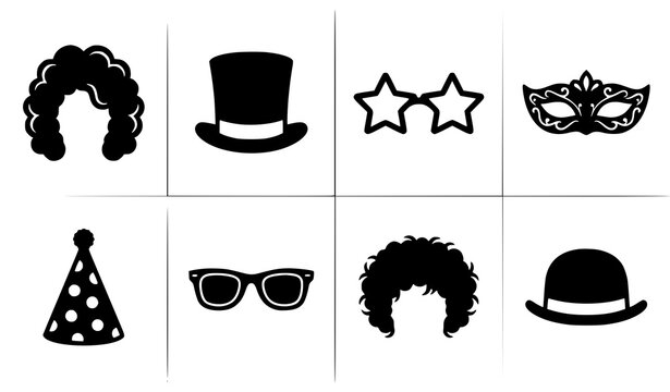 Minimal black party icon vector set with costume wigs festive hats and novelty glasses silhouettes