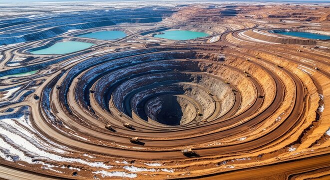 Aerial view of a massive open-pit diamond mine featuring deep kimberlite pipe formations and industrial paths carved into the rocky earth, mine, stones, mineral